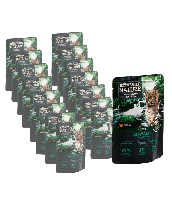 Dehner Wild Nature Nassfutter Für Katzen Auwald Adult, Hirsch & Truthahn, 16 X 85 G 3 Dehner Wild Nature Nassfutter Für Katzen Auwald Adult, Hirsch & Truthahn, 16 X 85 G