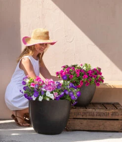 Dehner Leichtbeton-Pflanztopf Manchester, Rund, Antik-schwarz -Eleganter Garten 8814311 3337136 3337144 3337151 3337169 WE MO 001 HaengepetunienSurfiniaT12 PowerWachser